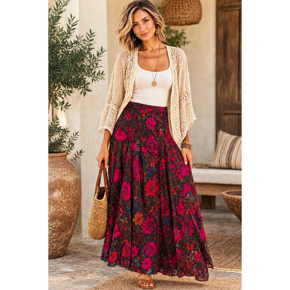 Natural Life Floral Maxi Skirt Large Pink Purple Boho Botanical Long Flowy